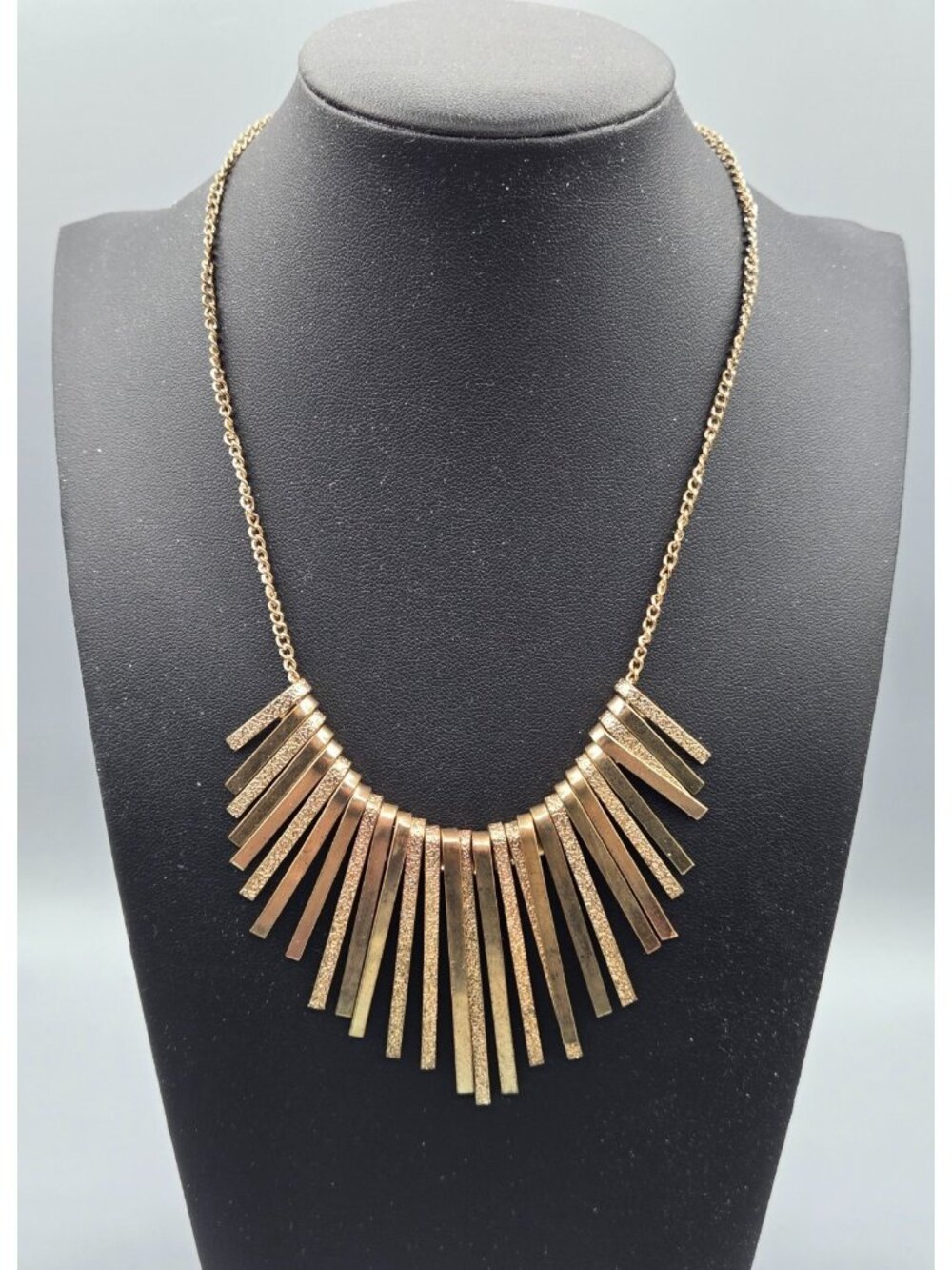 Multi Gold Tone Necklace Metal Sticks Fringes Fancy Bib 16 in with 3 in Extender